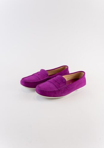 Tod's fuchsia suede loafers front