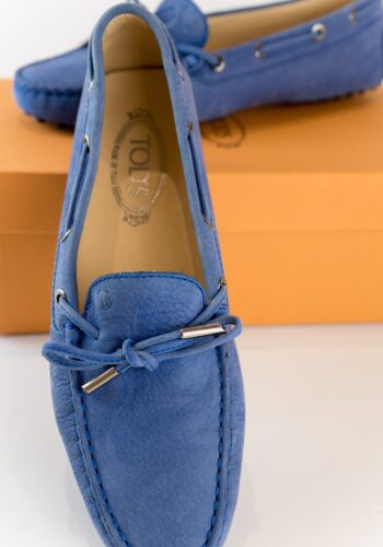 Tod's blue suede loafers closeup